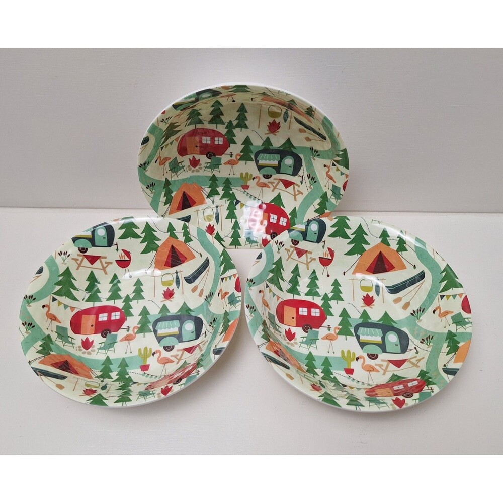 Set  of 3 Melamine 24 oz. Cereal Bowls Great Outdoors Camping Theme - Exc!
